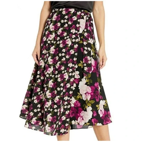 Calvin Klein Floral Wrap Midi Skirt Women Size 18W Black Pink White - Picture 2 of 7